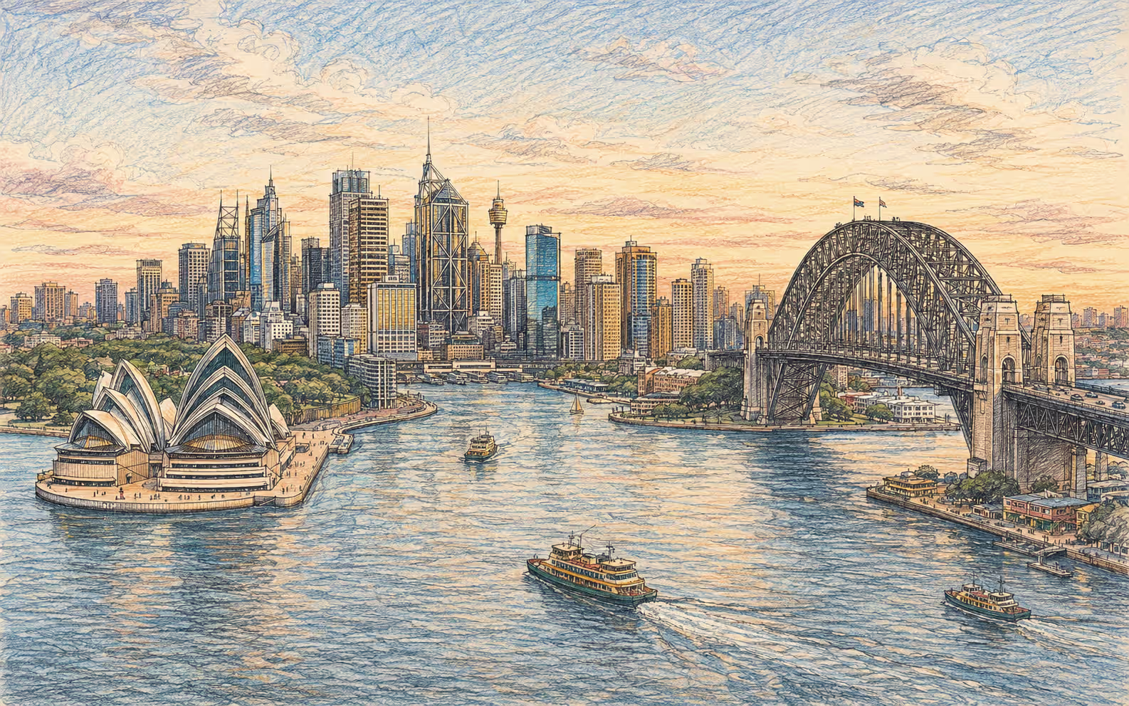 Aerial view of Sydney harbour & opera house with city behind.