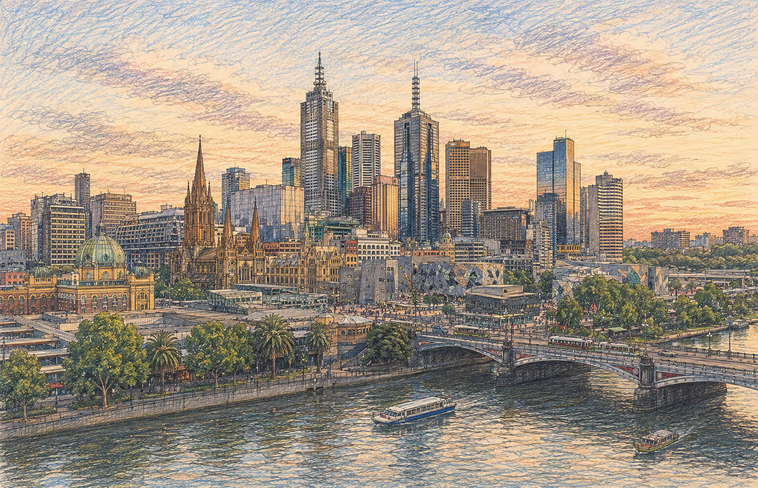 View of Melbourne skyline with hot air baloons in distance
