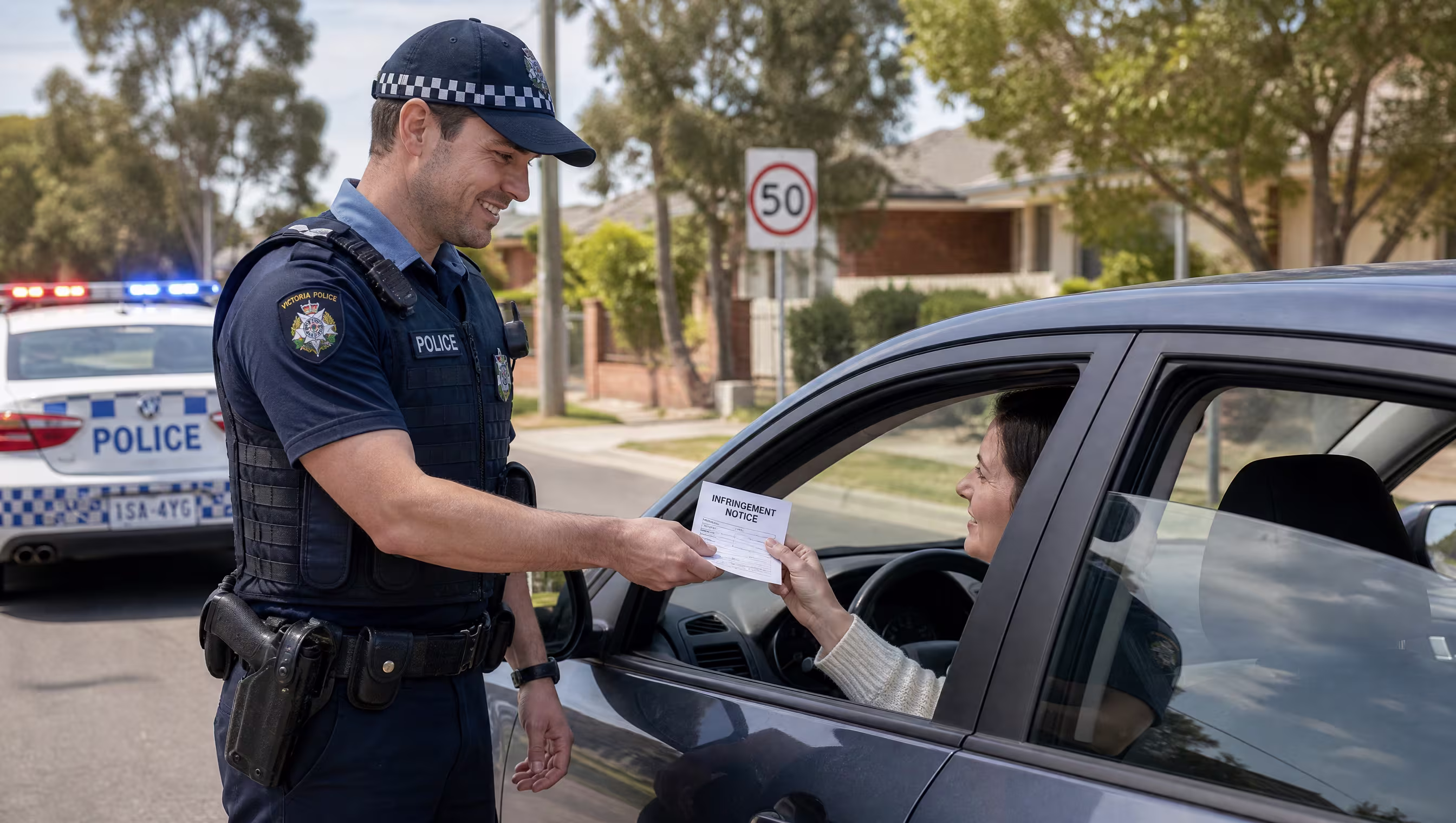 Police officer giving driver an infringement notice