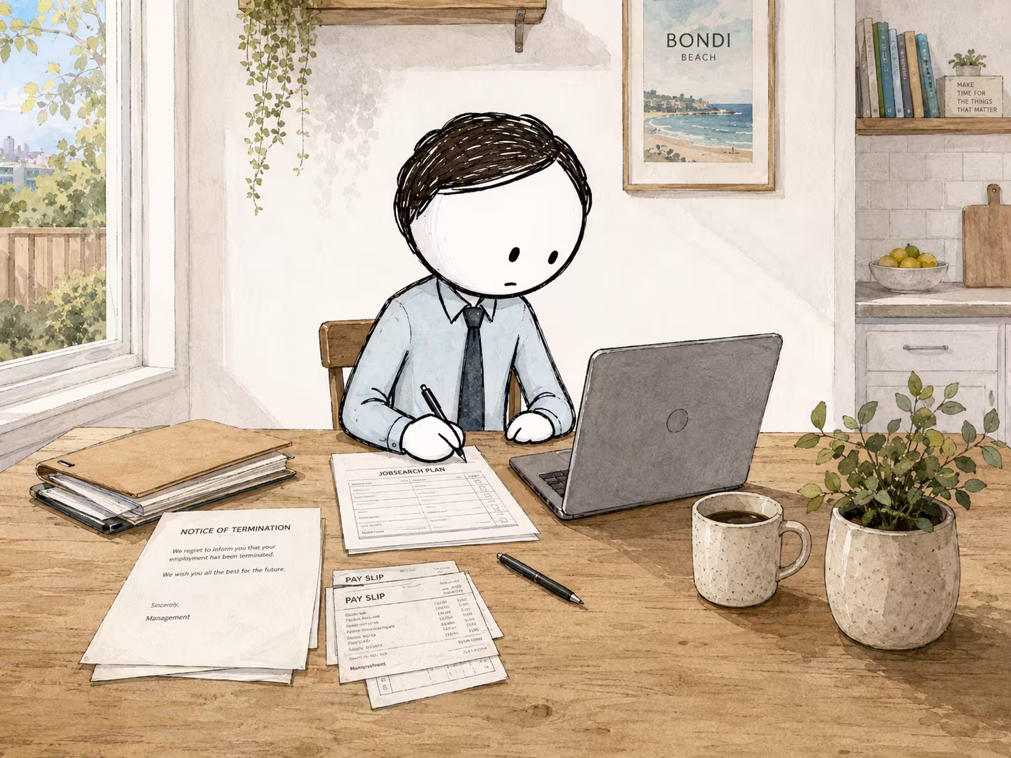 A person at a laptop reviewing dismissal paperwork while preparing a Fair Work Commission Form F2