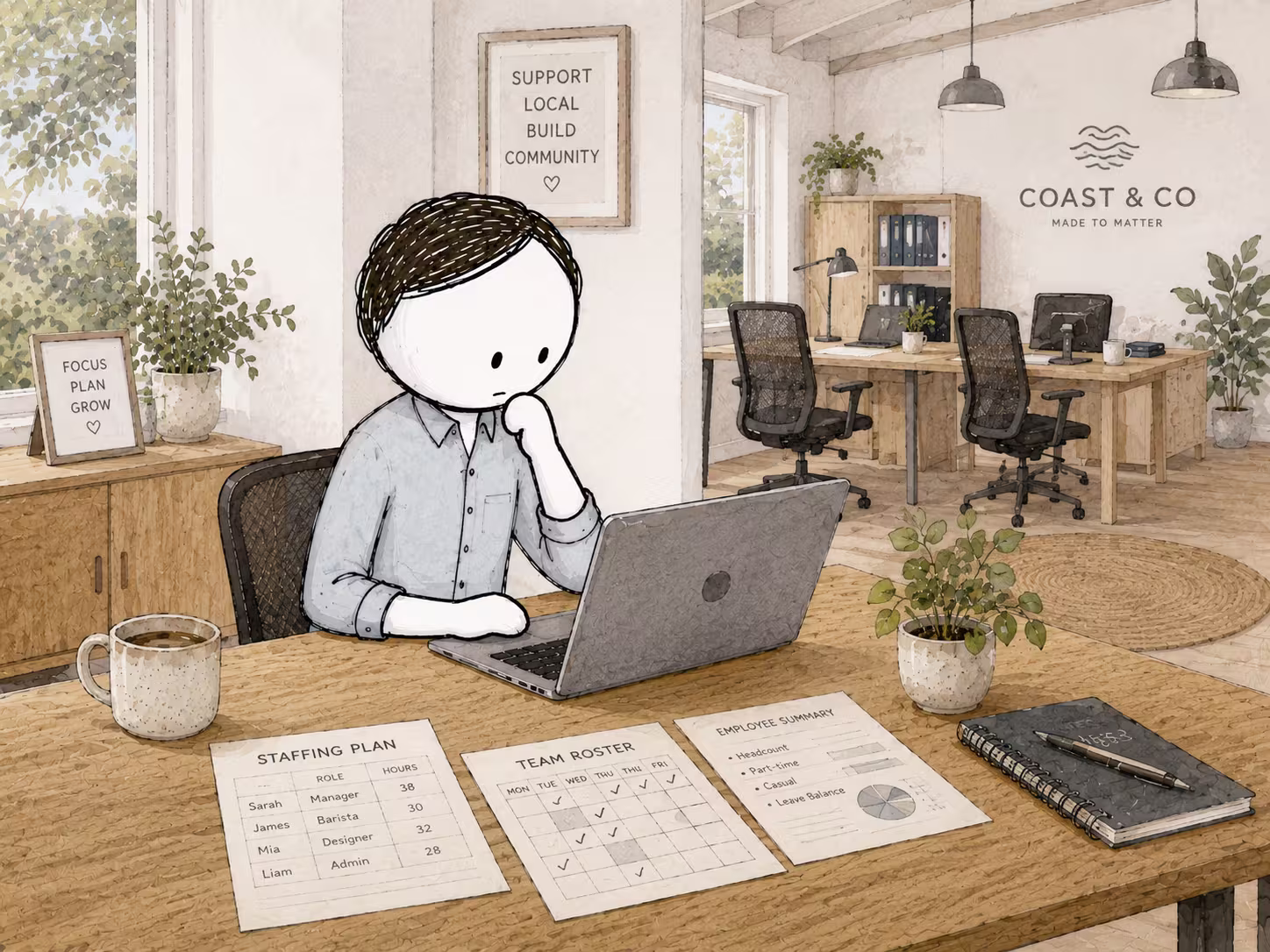 A small business owner reviewing staffing and redundancy obligations at a desk