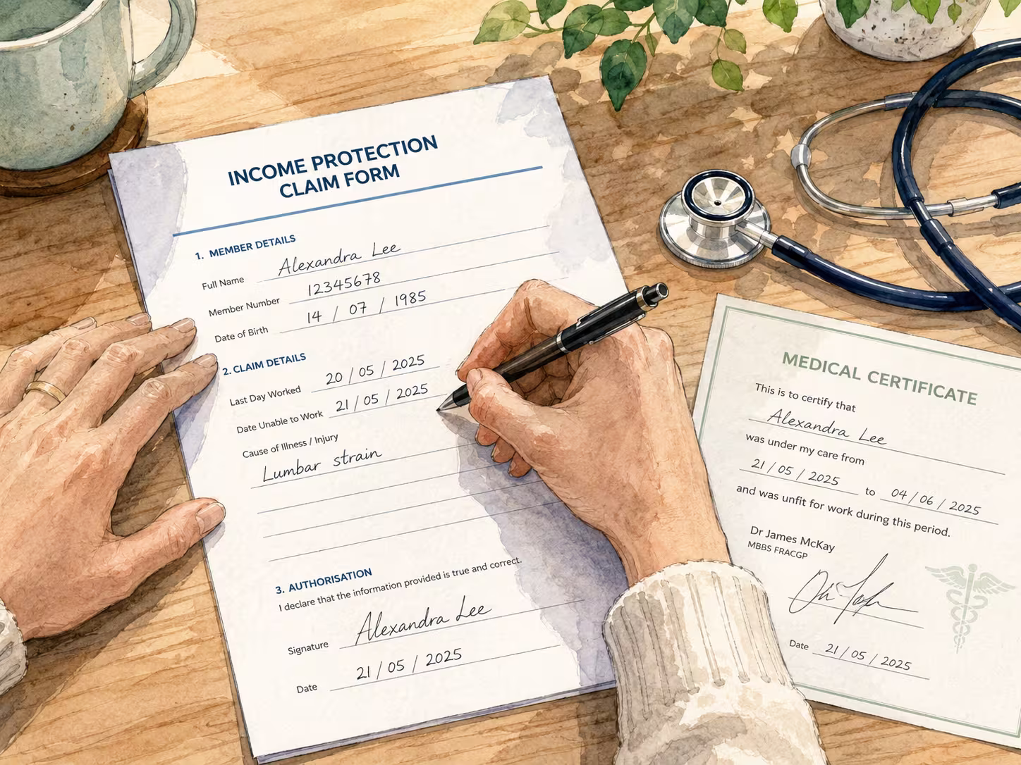 An injured worker completing a workers' compensation claim form with a doctor's certificate of capacity on the desk